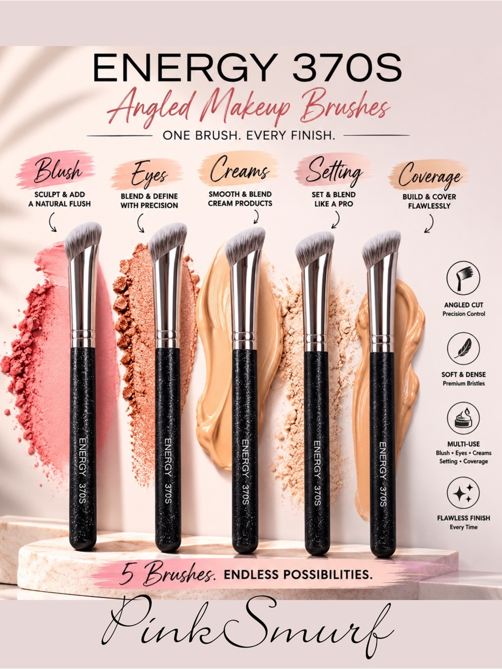 (5) Energy 370S Angled Makeup Brush Bundle of (5) New